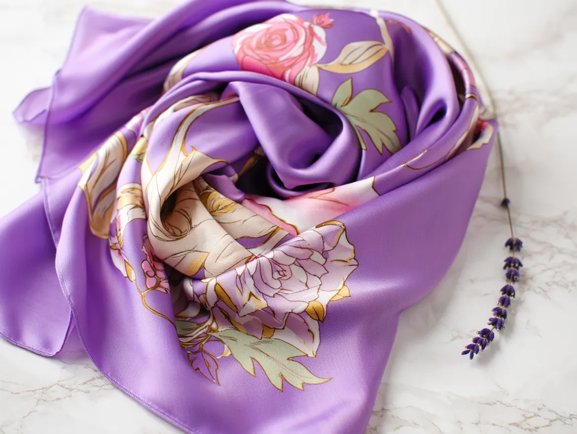 Lavender silk scarf with floral pattern